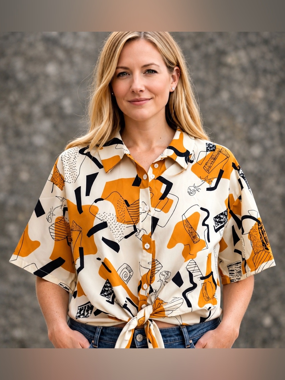 Retro Inspired Abstract Print Cropped Button-Down
